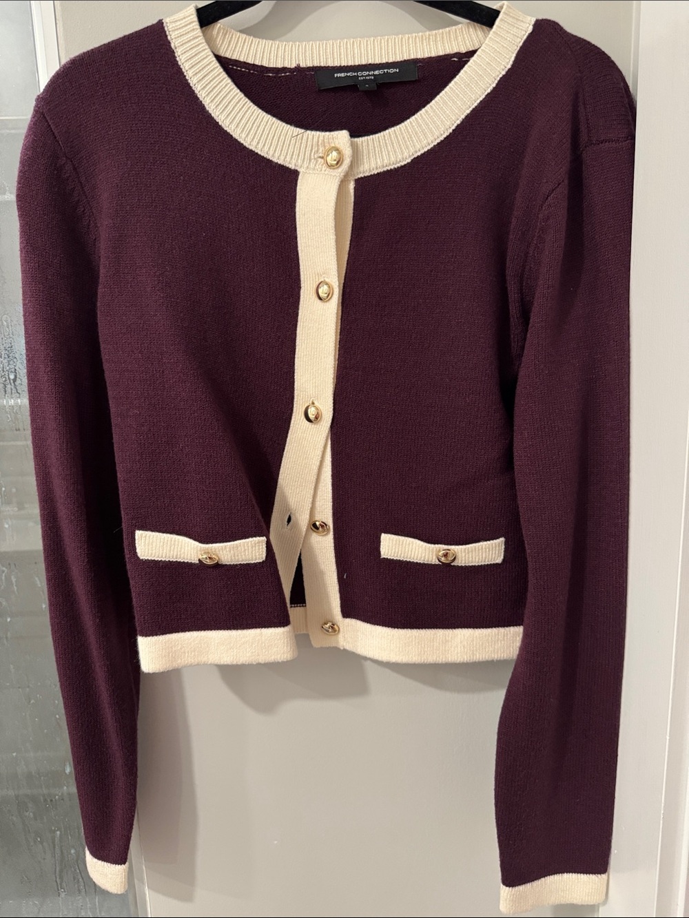 French Connection Plum and Cream Trim Cardigan